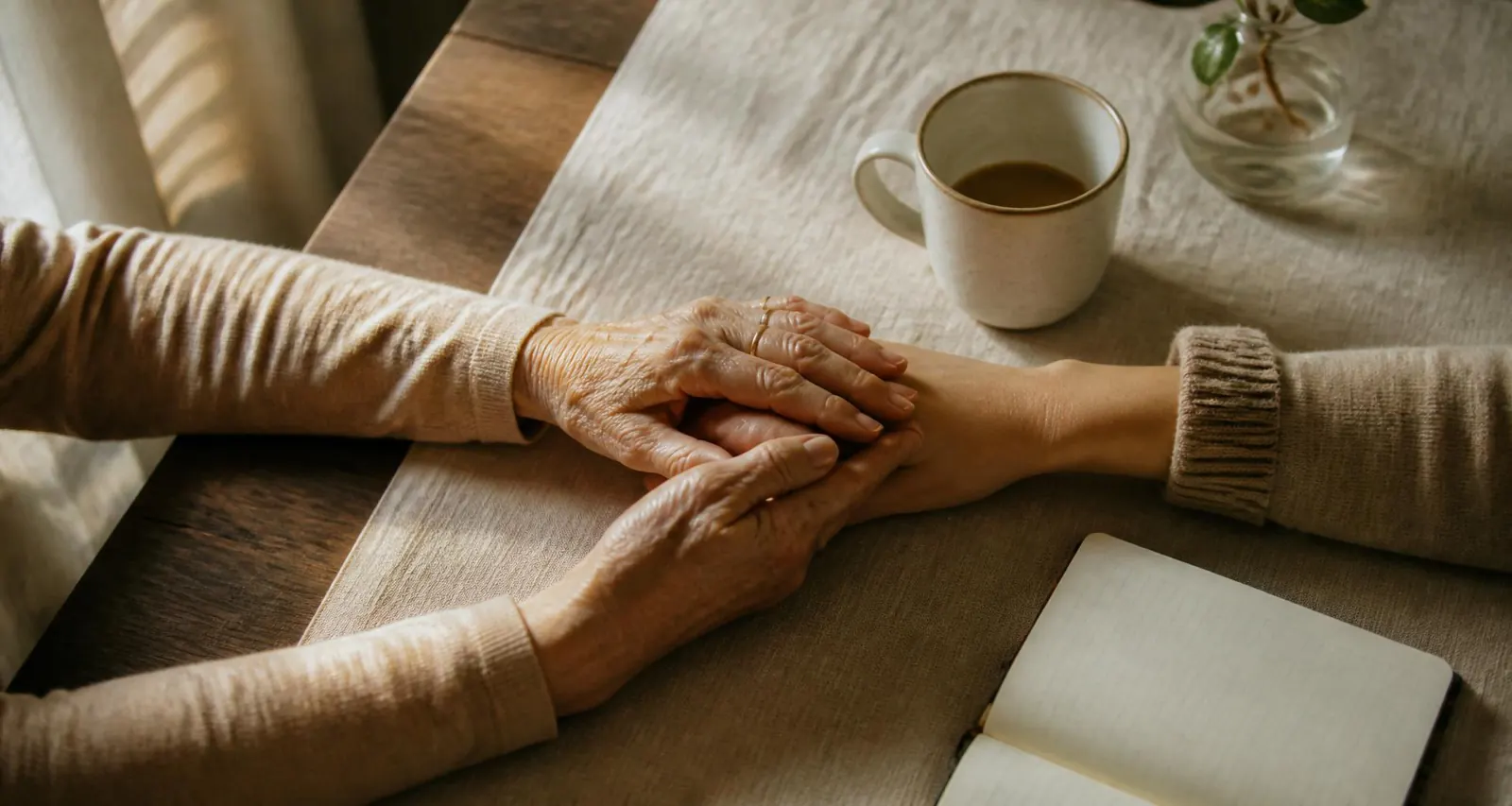 Mãos de mãe e filha entrelaçadas sobre a mesa — confiança entre gerações